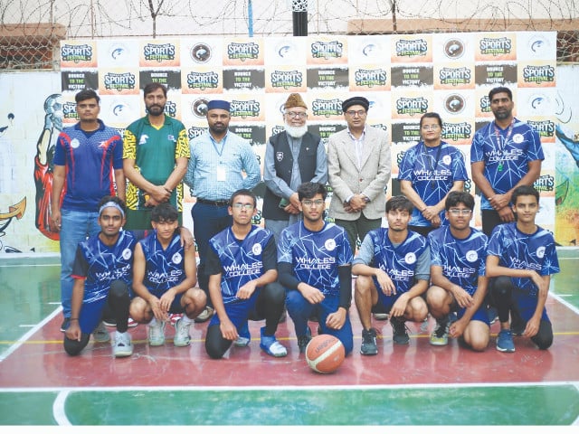 whales college team seen with chief guest ghulam mohammad khan after winning the inter collegiate basketball tournament photo app