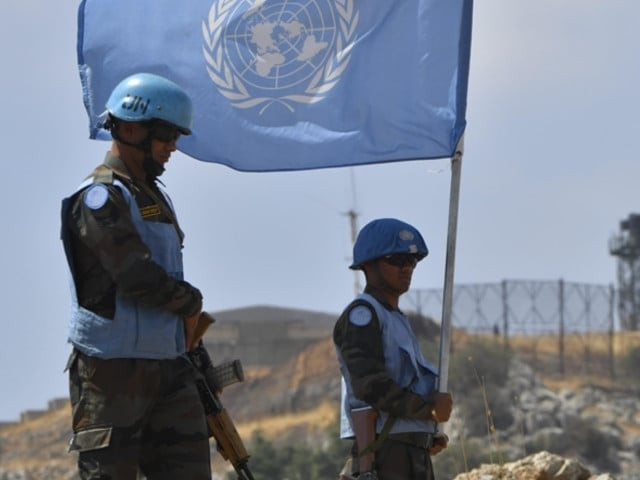 the united nations interim peace forces unifil stand guard holding the flag of the united nations by the border at the kafr shuba region considered a disputed area between lebanon and israel to ensure security in the town of kafr shuba in nabatieh governorate lebanon on august 28 2023 photo anadolu agency