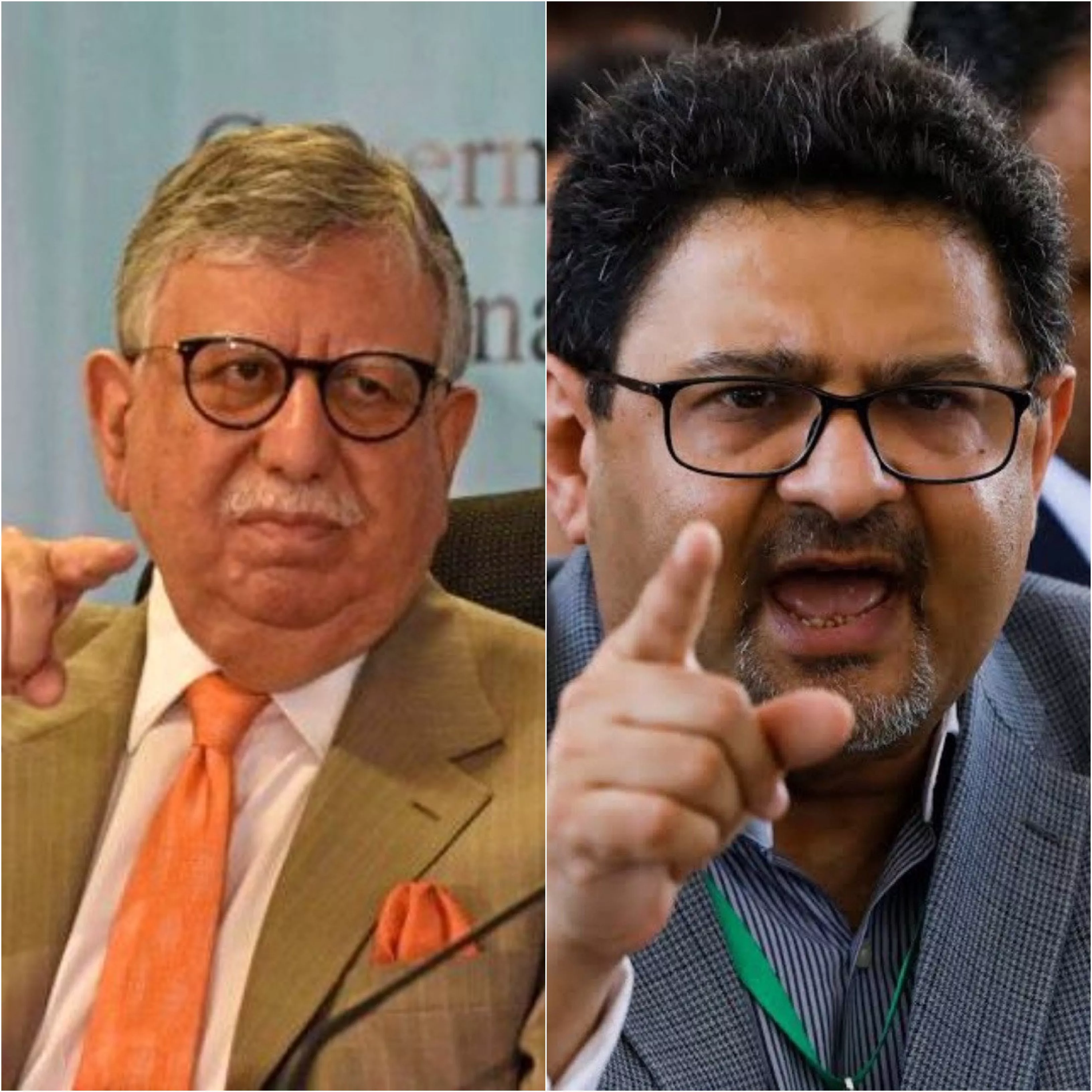 former finance minister and pti leader shaukat fayaz ahmed tarin l and pml n leader miftah ismail r