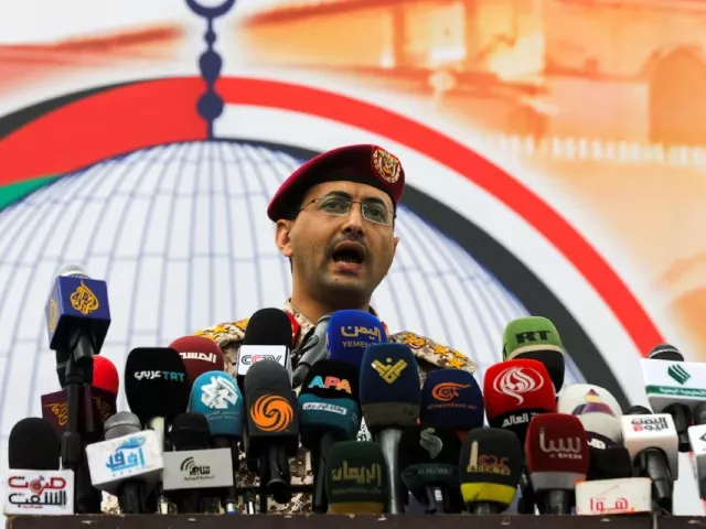 houthi military spokesperson yahya sarea delivers a statement on the group s latest attacks during a rally held to show solidarity with palestinians in gaza in sanaa yemen may 24 2024 photo reuters