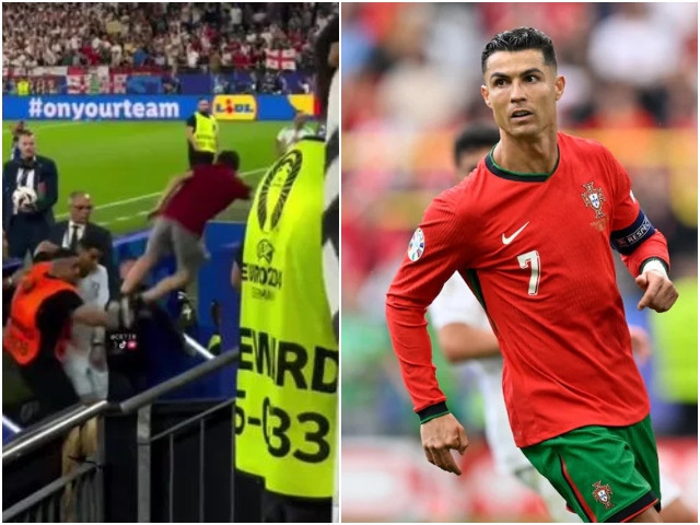 security blocks a fan s head first dive towards cristiano ronaldo at euro 2024