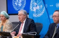 un secretary general antonio guterres c speaks at a press conference launching the 2024 sustainable development goals report at the un headquarters in new york on june 28 2024 with just six years remaining to achieve the sustainable development goals sdgs global progress is alarmingly insufficient with only 17 percent of the targets are currently on track according to a new un report released on friday un photo via xinhua