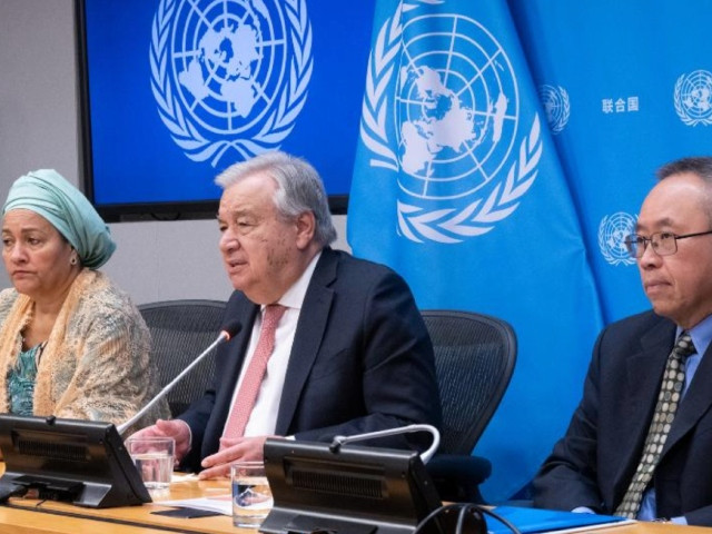 un secretary general antonio guterres c speaks at a press conference launching the 2024 sustainable development goals report at the un headquarters in new york on june 28 2024 with just six years remaining to achieve the sustainable development goals sdgs global progress is alarmingly insufficient with only 17 percent of the targets are currently on track according to a new un report released on friday un photo via xinhua