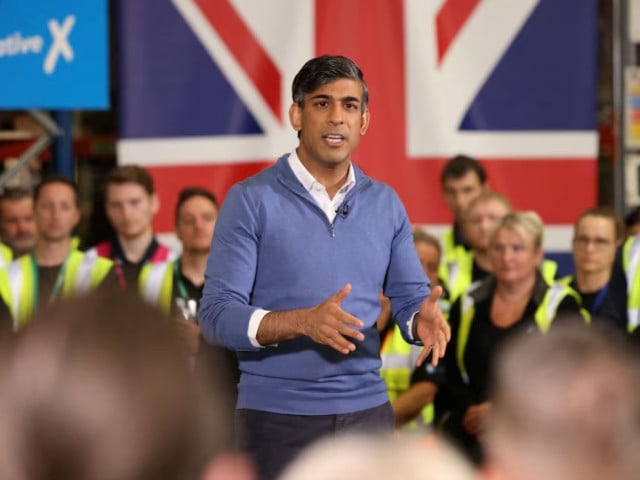 british prime minister rishi sunak holds a speech during his visit to the well healthcare supplies as he campaigns in the midlands in stoke britain july 1 2024 dan kitwood pool photo via reuters