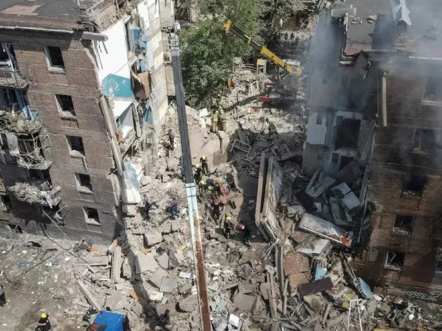 a drone view shows a building heavily damaged by a russian missile strike amid russia s attack on ukraine in kyiv ukraine july 8 2024 photo reuters a drone view shows a building heavily damaged by a russian missile strike amid russia s attack on ukraine in kyiv ukraine july 8 2024 photo reuters