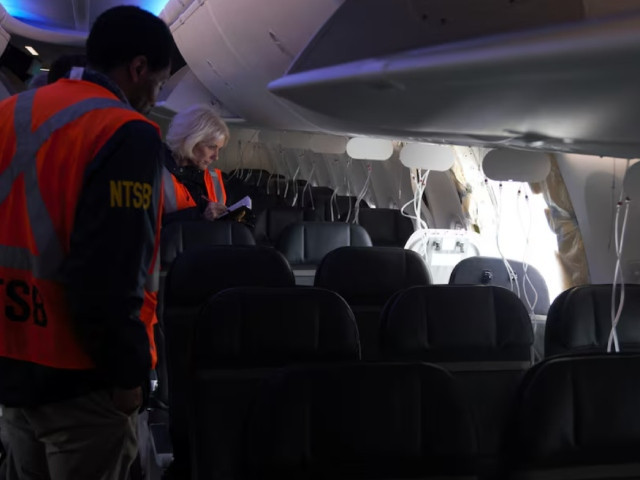the fuselage plug area of alaska airlines flight 1282 boeing 737 9 max which was forced to make an emergency landing with a gap in the fuselage is seen during its investigation by the national transportation safety board ntsb in portland oregon u s january 7 2024 ntsb photo via reuters the fuselage plug area of alaska airlines flight 1282 boeing 737 9 max which was forced to make an emergency landing with a gap in the fuselage is seen during its investigation by the national transportation safety board ntsb in portland oregon u s january 7 2024 ntsb photo via reuters