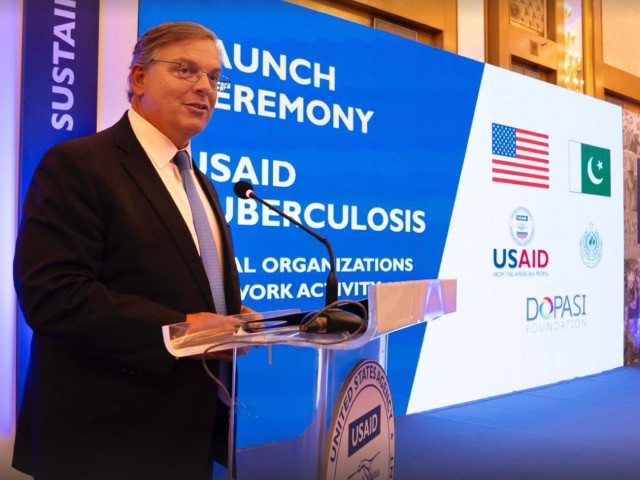 US Ambassador to Pakistan David Blome addresses a ceremony announcing a joint tuberculosis eradication initiative with the Sindh government: PHOTO: US Embassy