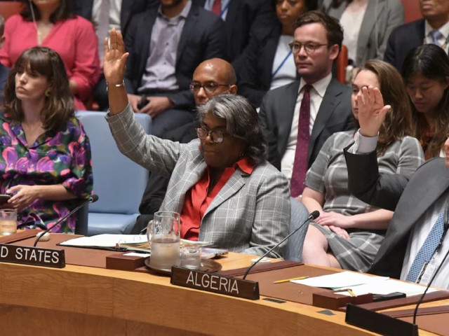 u s ambassador to the united nations linda thomas greenfield votes during a u n security council vote on a u s  drafted resolution backing a proposal outlined by u s president joe biden for a ceasefire between israel and palestinian militants hamas in the gaza strip photo reuters