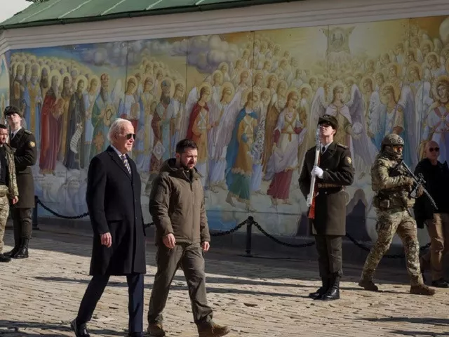 us president joe biden and ukraine s president volodymyr zelenskiy walk next to saint michael s cathedral amid russia s attack on ukraine in kyiv ukraine february 20 2023 photo reuters us president joe biden and ukraine s president volodymyr zelenskiy walk next to saint michael s cathedral amid russia s attack on ukraine in kyiv ukraine february 20 2023 photo reuters