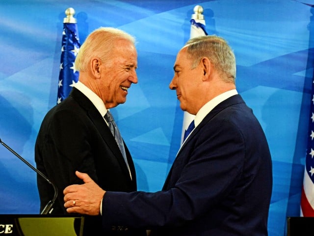 in this file photo taken on march 9 2016 us vice president joe biden and israeli prime minister benjamin netanyahu shake hands while giving joint statements at the prime minister s office in jerusalem photo afp file