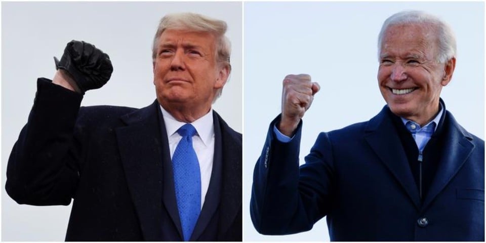 a combination picture shows us president donald trump pumping his fist during a campaign event at capital region international airport in lansing michigan us october 27 2020 and democratic us presidential nominee and former vice president joe biden making a fist during a drive in campaign stop in des moines iowa us october 30 2020 photo reuters