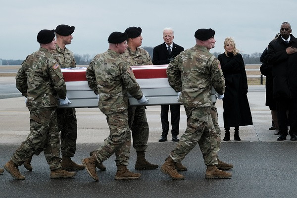 US President Joe Biden attends the dignified transfer of the remains of Army Reserve Sergeants William Rivers, Kennedy Sanders and Breonna Moffett, three US service members who were killed in Jordan during a drone attack. PHOTO: Reuters