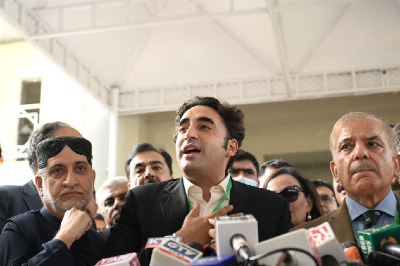 ppp chairman bilawal bhutto zardari alongside pml n president shehbaz sharif and other opposition leaders is addressing the media photo ppp media cell