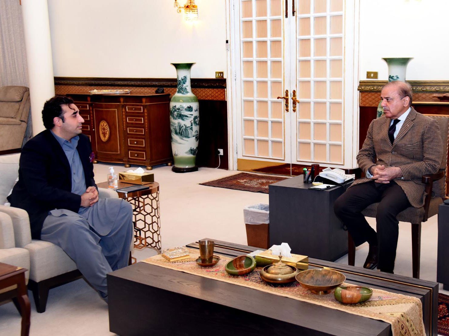 foreign minister bilawal bhutto zardari calls on prime minister shehbaz sharif in islamabad on february 15 2023 photo pid