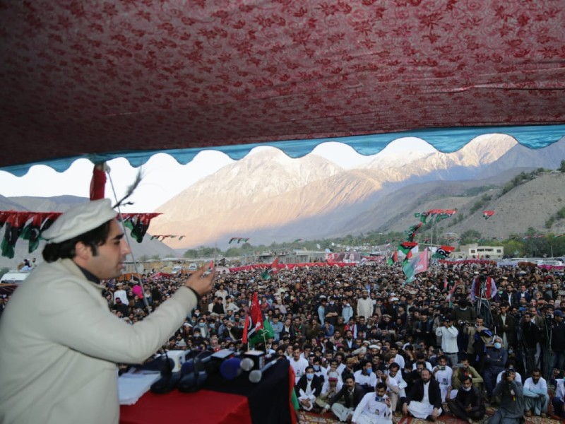 ppp chairman bilawal bhutto zardari addressing a corner meeting in goharabad gilgit baltistan photo express