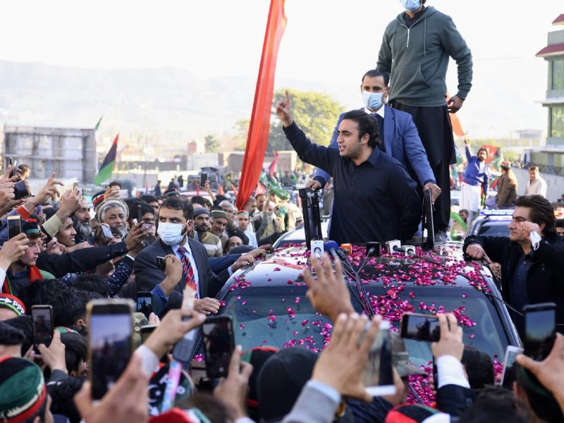 ppp chairman bilawal bhutto zardari waving to people on his way to rally in malakand on january 11 2020 photo ppp