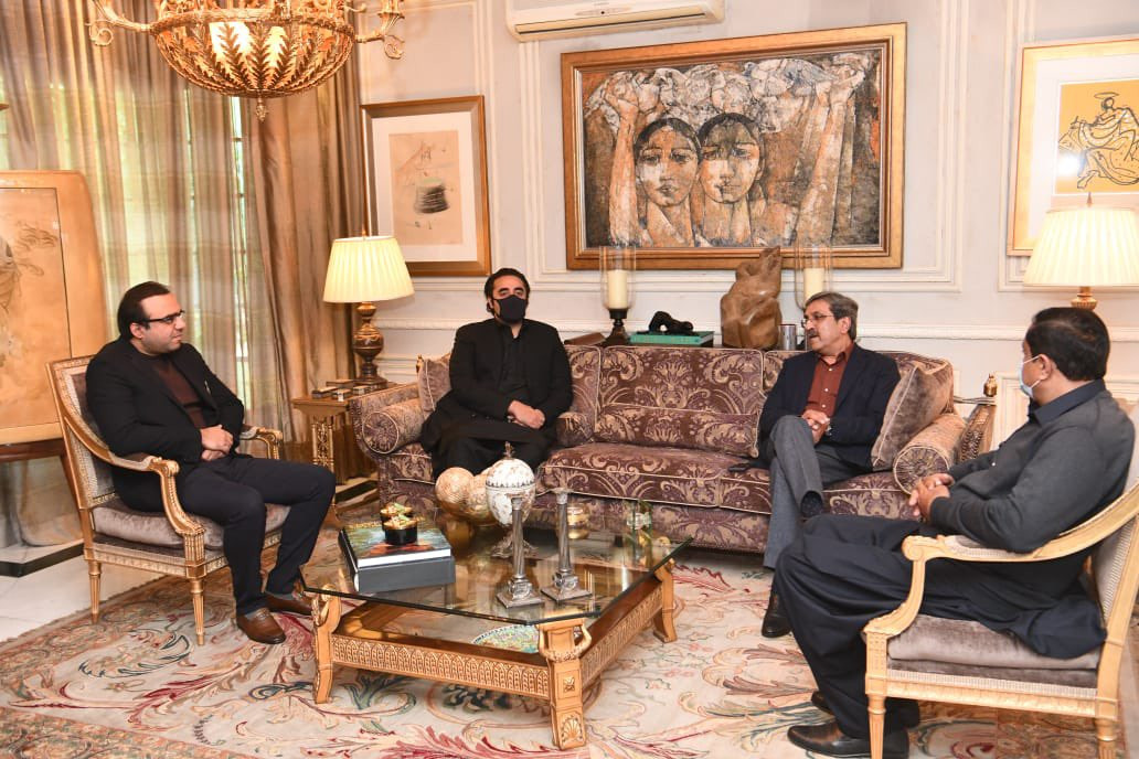 ppp chairman bilawal bhutto zardari meets party s south punjab president makhdoom ahmed mahmood at his residence in model town lahore on february 01 2022 photo twitter ppp