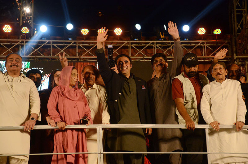 foreign minister and pakistan peoples party ppp chairman bilawal bhutto zardari waves to supporters at a ceremony in karachi on may 13 2023 photo app