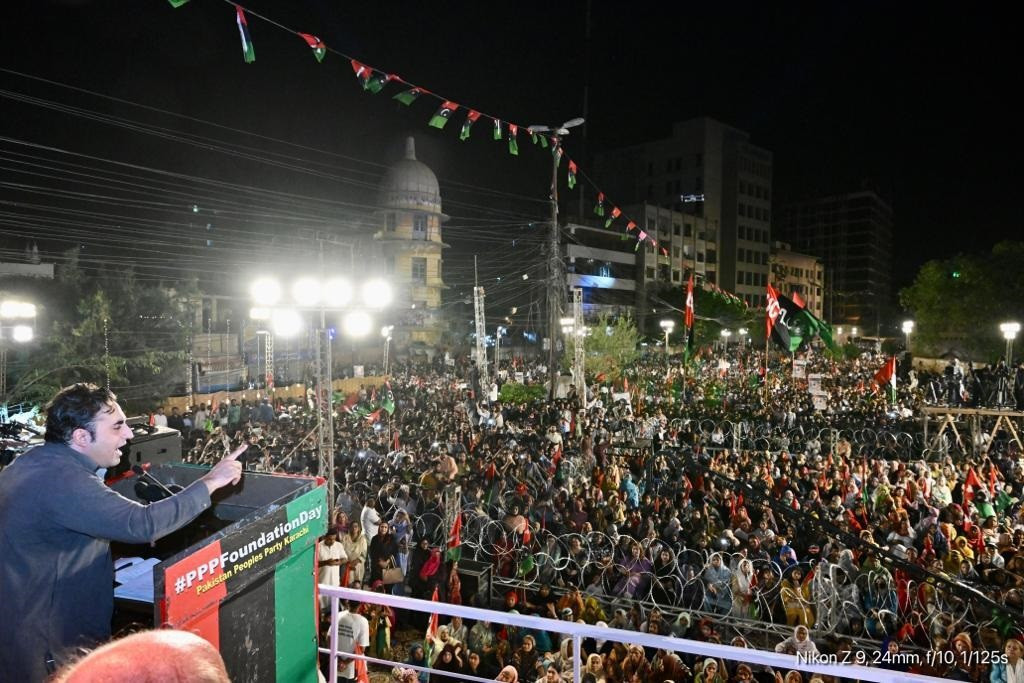 ppp chairman bilawal bhutto zardari addresses a rally celebrating his party s victory in local body elections in karachi photo express