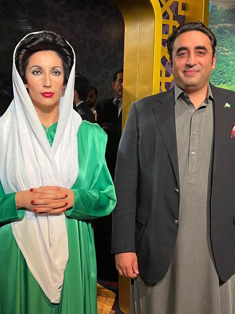 fm bilawal bhutto zardari stands with the wax statue of late benazir bhutto in dubai photo app