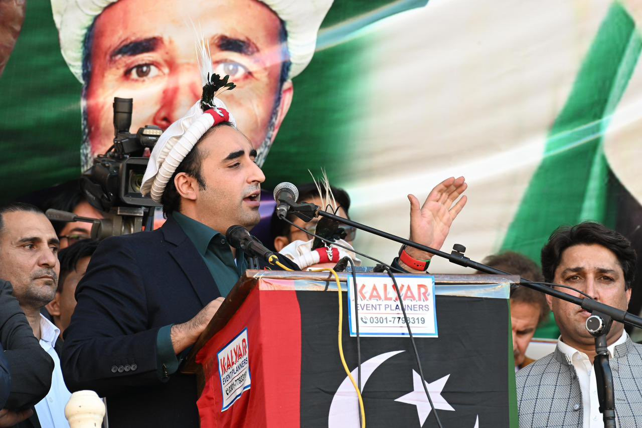 peoples party ppp chairman bilawal bhutto zardari addressing a public rally in chitral on november 22 2023 photo ppp media cell
