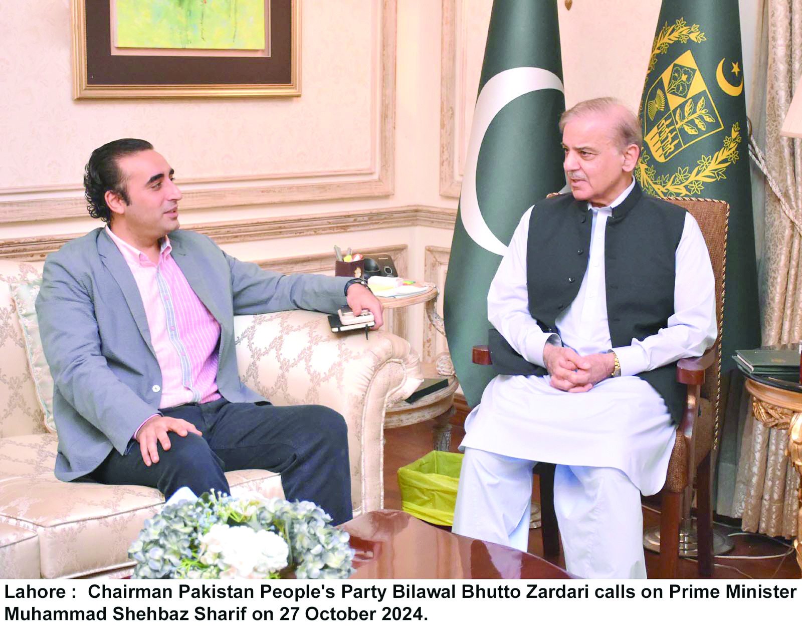 ppp chairman bilawal bhutto zardari calls on prime minister shehbaz sharif in lahore on sunday photo sabah