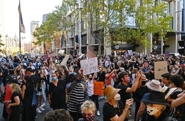 protesters rally outside town hall in response to the treatment of women in politics following several sexual assault allegations as part of the women s march 4 justice rally in sydney australia march 15 2021 photo reuters protesters rally outside town hall in response to the treatment of women in politics following several sexual assault allegations as part of the women s march 4 justice rally in sydney australia march 15 2021 photo reuters