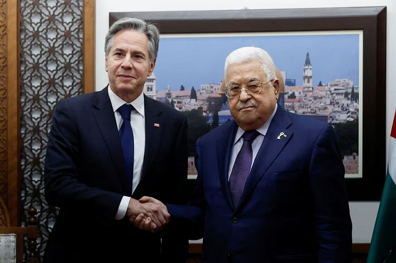 US Secretary of State Antony Blinken with Palestinian President Mahmoud Abbas at the Muqata in Ramallah in the Israeli-occupied West Bank, November 5, 2023. PHOTO: REUTERS