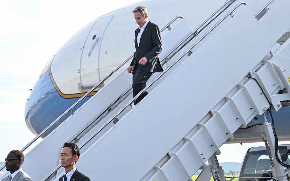 us secretary of state antony blinken arrives for the start of his two day visit at yokota air base in fussa western tokyo on july 28 2024 photo afp