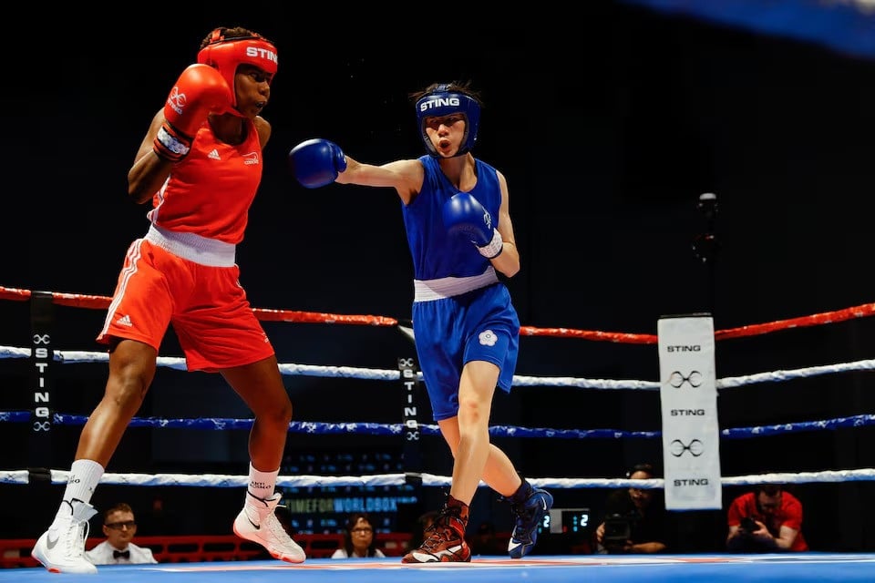 yu ting lin tpe in blue compete against jucielen romeu bra in red in the elite female 57kg category at pueblo convention centre pueblo colorado usa on april 16 2024 file photo reuters