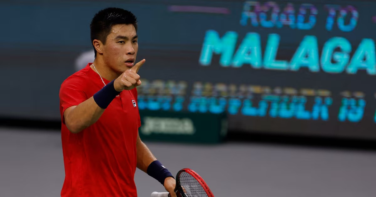 brandon nakashima of the us celebrates winning his match against slovakia s jozef kovalik during davis cup group c tie between united states and slovakia at hengqin international tennis centre zhuhai china on september 13 2024 photo reuters