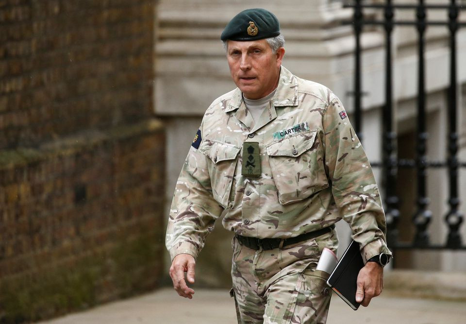 british army general sir nick carter arrives for a meeting to address the government s response to the coronavirus outbreak at downing street in london britain march 12 2020 photo reuters file