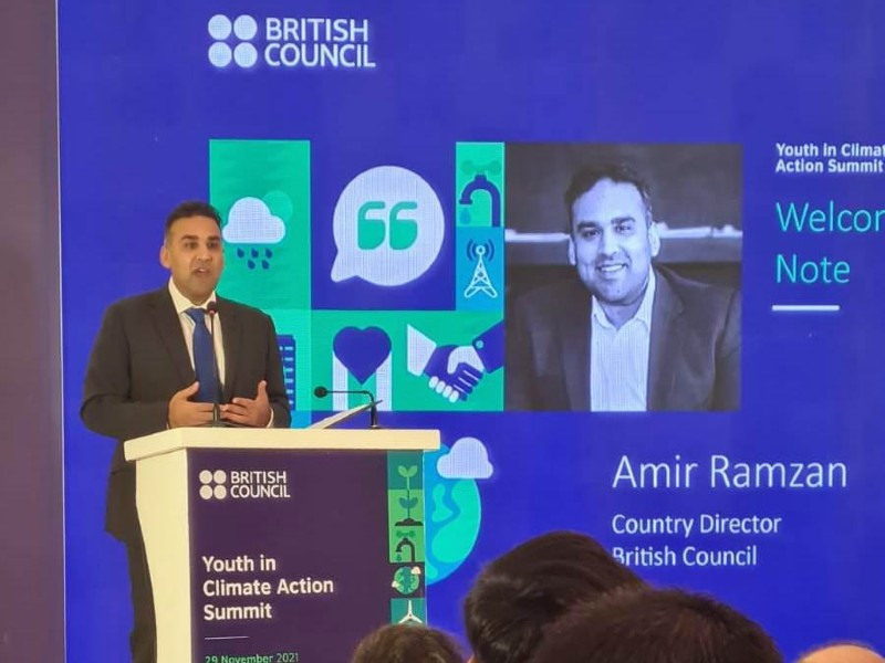 british council pakistan country director amir ramzan speaking at the inaugural session in islamabad on november 29 2021 photo express