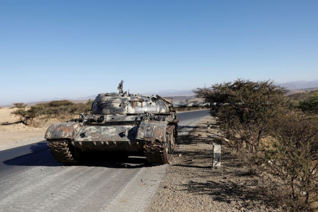 a damaged eritrean military tank is seen near the town of wikro ethiopia march 14 2021 photo reuters a damaged eritrean military tank is seen near the town of wikro ethiopia march 14 2021 photo reuters