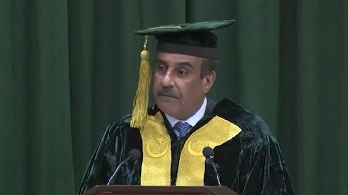 chairman joint chiefs of staff committee cjcsc general nadeem raza pictured while speaking at the degrees awarding ceremony at the national defence university ndu in islamabad on dec 28 2021 photo radio pakistan