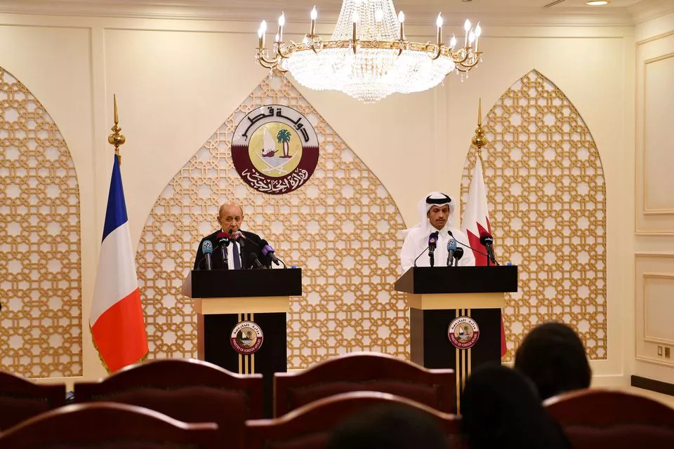 french foreign minister jean yves le drian attends a joint news conference with qatari foreign minister sheikh mohammed bin abdulrahman al thani in doha qatar september 13 2021 photo reuters french foreign minister jean yves le drian attends a joint news conference with qatari foreign minister sheikh mohammed bin abdulrahman al thani in doha qatar september 13 2021 photo reuters