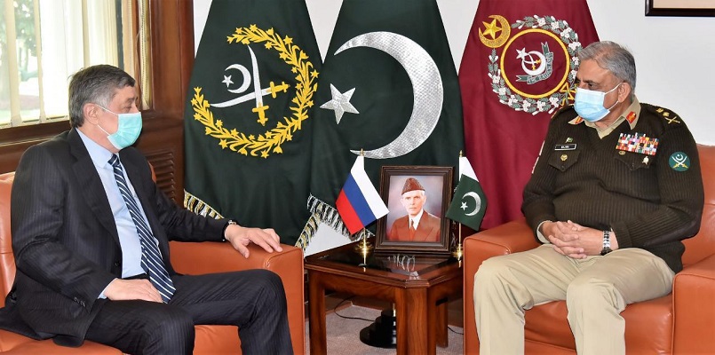 during the meeting coas gen qamar javed bajwa and russian envoy zamir kabulov discussed matters of mutual interest regional security particularly developments in the afghan peace process photo ispr