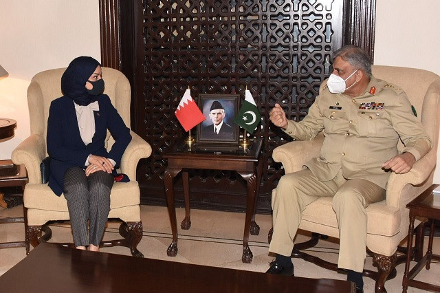 speaker of the council of representatives of kingdom of bahrain fawzia bint abdullah zainal pictured during her meeting with chief of the army staff coas general qamar javed bajwa photo ispr