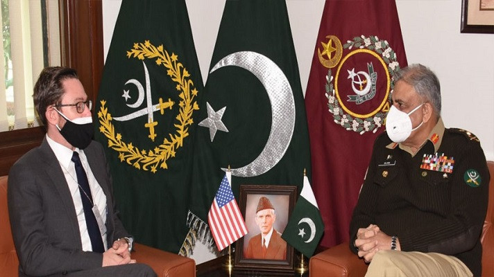 chief of the army staff coas gen qamar javed bajwa and us special representative for afghanistan thomas west pictured during a meeting at the general headquarters ghq in rawalpindi on dec 20 2021 photo ispr