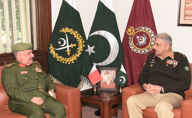 army chief gen qamar javed bajwa pictured during his meeting with the chief of staff of bahrain national guard bng major general sheikh abdul aziz bin saud al khalifa photo ispr