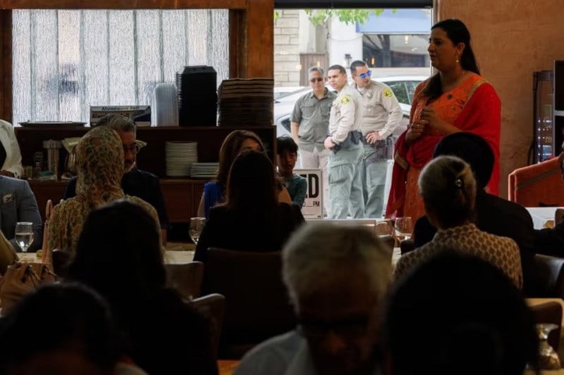 Security guards outside a restaurant as California Assemblywoman Dr. Jasmeet Bains, the first Sikh-American politician elected to the California state legislature, speaks during a luncheon in Artesia, California, U.S., June 8, 2024. PHOTO: REUTERS