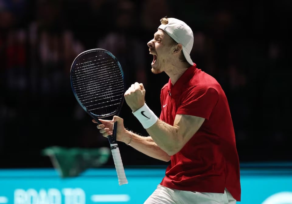 canada s denis shapovalov celebrates winning his singles match against britain s daniel evans during davis cup group d match at ao arena manchester britain on september 15 2024 photo reuters