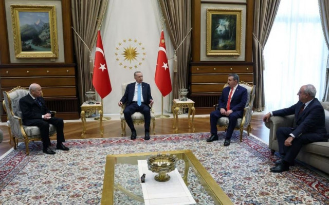 turkish president tayyip erdogan meets with devlet bahceli leader of the nationalist movement party mhp mustafa destici leader of the turkey s grand unity party bbp and onder aksakal leader fo democratic left party dsp in ankara turkey april 27 2023 photo reuters turkish president tayyip erdogan meets with devlet bahceli leader of the nationalist movement party mhp mustafa destici leader of the turkey s grand unity party bbp and onder aksakal leader fo democratic left party dsp in ankara turkey april 27 2023 photo reuters