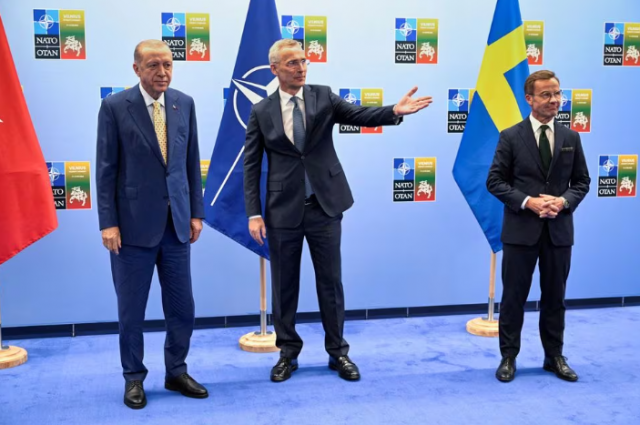 turkish president tayyip erdogan swedish prime minister ulf kristersson and nato secretary general jens stoltenberg gather prior to their meeting on the eve of a nato summit in vilnius lithuania july 10 2023 photo reuters turkish president tayyip erdogan swedish prime minister ulf kristersson and nato secretary general jens stoltenberg gather prior to their meeting on the eve of a nato summit in vilnius lithuania july 10 2023 photo reuters