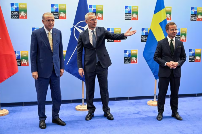 turkish president tayyip erdogan swedish prime minister ulf kristersson and nato secretary general jens stoltenberg gather prior to their meeting on the eve of a nato summit in vilnius lithuania july 10 2023 photo reuters