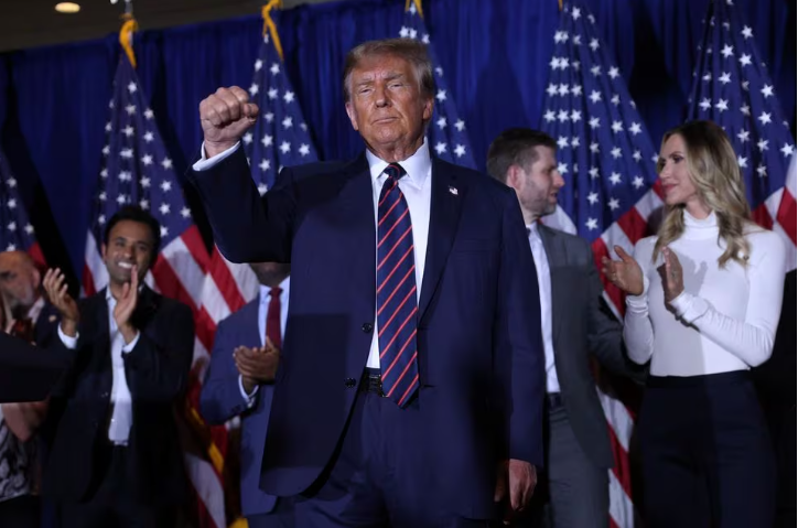 republican presidential candidate and former u s president donald trump gestures during his new hampshire presidential primary election night watch party in nashua new hampshire u s january 23 2024 photo reuters