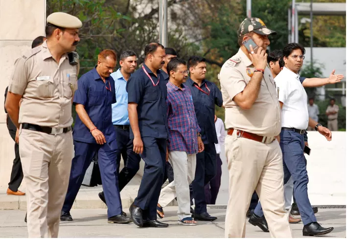 police officers escort chief minister of delhi and aam aadmi party aap arvind kejriwal as he leaves the court after a hearing in new delhi india march 28 2024 reuters sharafat ali file photo police officers escort chief minister of delhi and aam aadmi party aap arvind kejriwal as he leaves the court after a hearing in new delhi india march 28 2024 reuters sharafat ali file photo