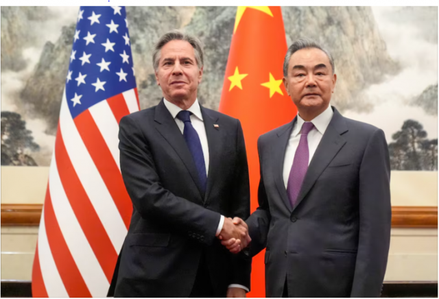 us secretary of state antony blinken left meets with china s foreign minister wang yi at the diaoyutai state guesthouse april 26 2024 in beijing china mark schiefelbein pool via reuters us secretary of state antony blinken left meets with china s foreign minister wang yi at the diaoyutai state guesthouse april 26 2024 in beijing china mark schiefelbein pool via reuters
