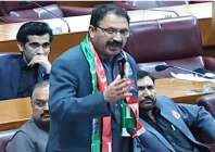 pakistan tehreek e insaf pti lawmaker junaid akbar addresses the national assembly in this still taken from a video on march 1 2024 youtube ptv parliament