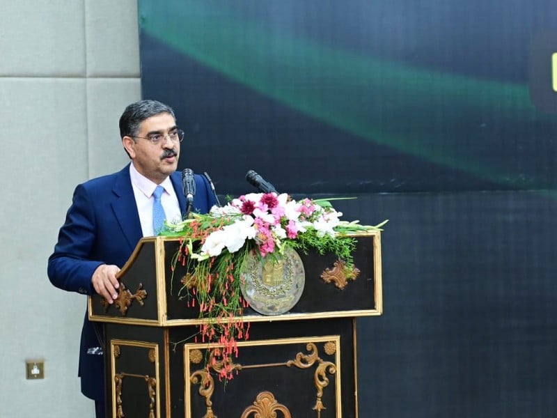 caretaker prime minister anwaarul haq kakar addressing a ceremony held in the honour of the rescuers of battagram chairlift incident in islamabad on august 24 2023 photo pid